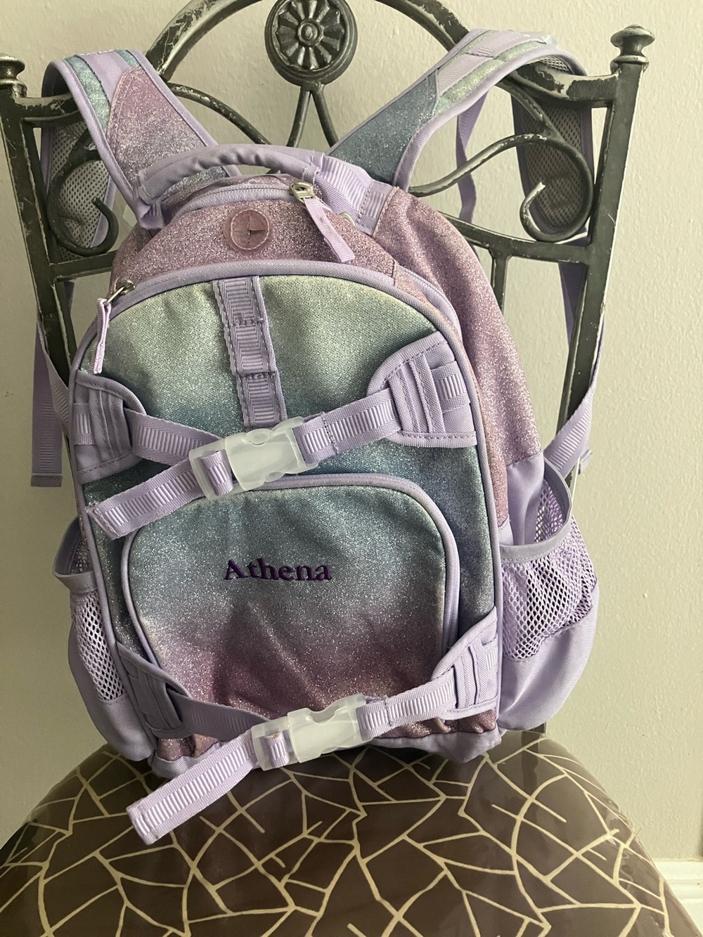 Pottery Barn Kids Mackenzie Lavender/Aqua Ombre Glitter Backpack.